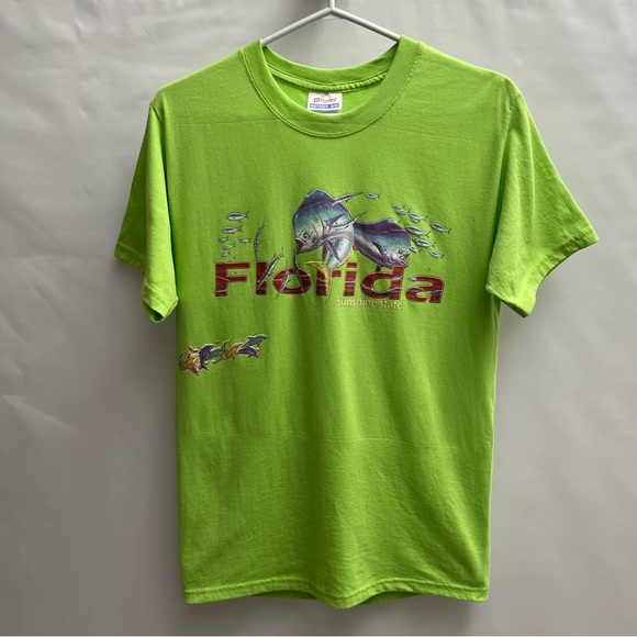 Hanes Tops - Vintage puffy 90's Florida T shirt sunshine state piranha - dolphins lime green